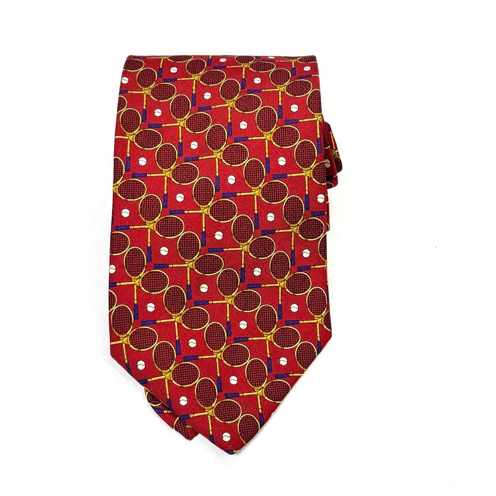 Brooks Brothers Makers All Silk Neck Tie Red Tennis Balls Print Hand Made In USA